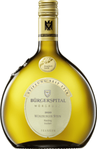 Eine Flasche Würzburger Stein Riesling trocken des Weingutes Bürgerspital