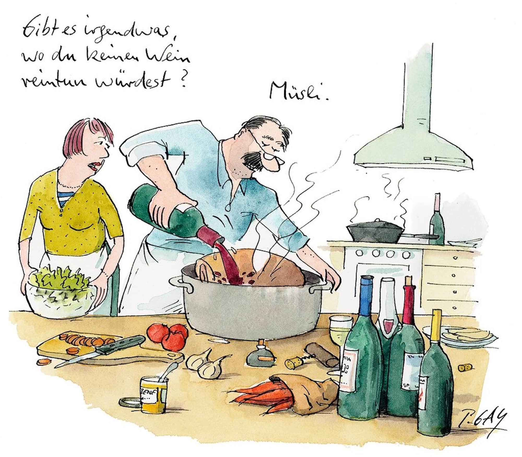 Die Karrikatur zeigt einen Mann und eine Frau die gemeinsam in der Küche kochen