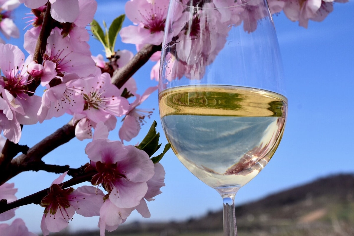 Weinglas mit Blüten im Hintergrund